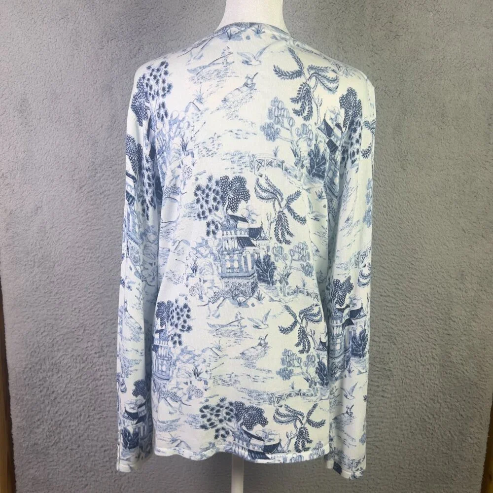 J Mclaughlin Sweater Womens Large White Blue Printed Long Sleeve Preppy - Picture 3 of 8